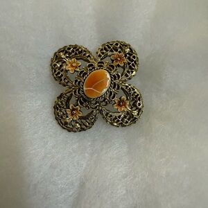 Elegant Gold and Orange Floral Brooch